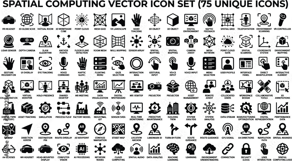 Fototapeta premium Spatial computing icons display sophisticated augmented reality and virtual environment interactions for advanced technical projects.