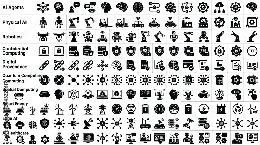 Obraz premium Artificial intelligence icons illustrate complex autonomous systems and modern machine learning concepts for digital interface design.