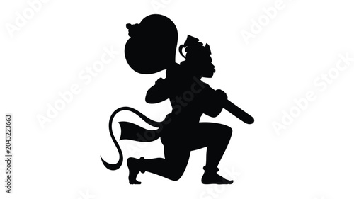Foto Powerful hanuman silhouette carrying heavy mace weapon in kneeling warrior pose for battle