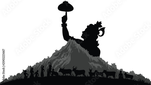 Schilderij op canvas Lord krishna lifting govardhan mountain to protect villagers and cattle from heavy rainfall