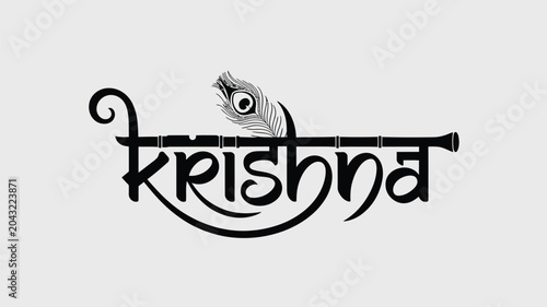 Creative text design of krishna with flute and peacock feather isolated on light background.