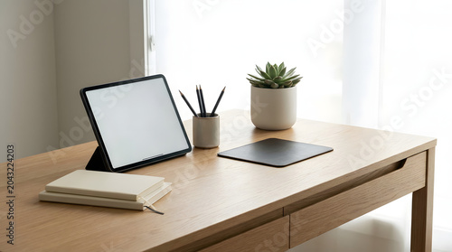 Minimalist Wooden Desk Workspace Featuring a Blank Digital Tablet Display and Organized Stationery for Creative Productivity