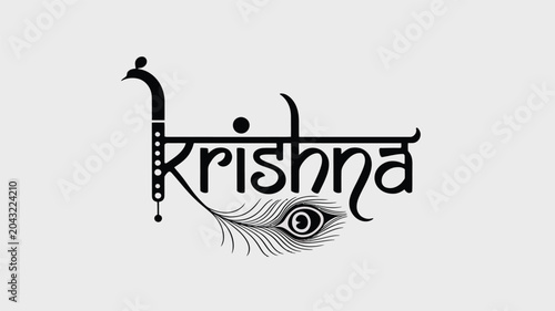 Vector logo design featuring text krishna with integrated bamboo flute and peacock feather.