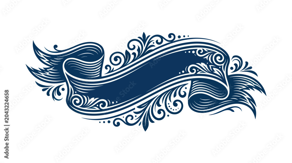 Fototapeta premium Ornate Blue Ribbon Banner with Swirls and Flourishes