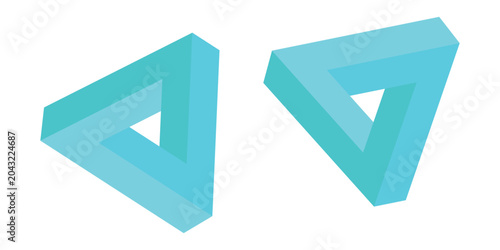 Isometric impossible Penrose triangle on turquoise blue. Confusion, impossibility, imagination and unity of opposites. Flat design. Eps10