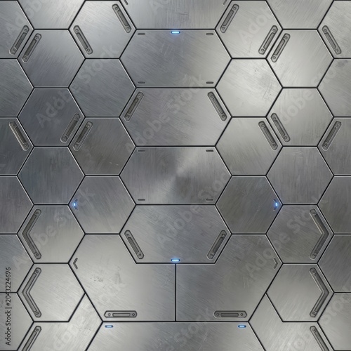 Seamless sci-fi metal hexagonal grid background with brushed texture, subtle scratches, and futuristic glowing blue light accents. Ideal for tech, gaming, or industrial designs.