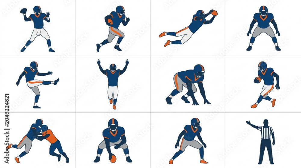Fototapeta premium AmericanFootballPlayersDynamicActionPosesIllustrations.