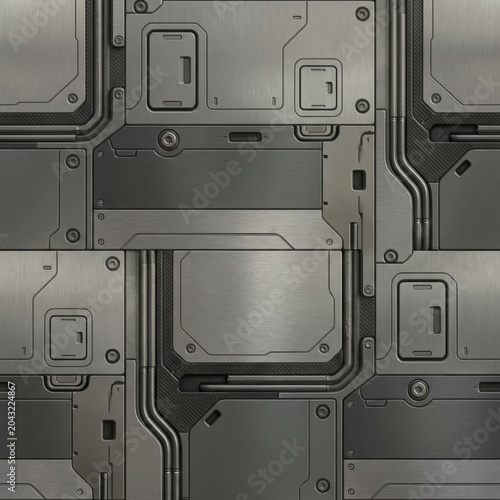 Detailed seamless pattern of brushed metallic sci-fi panels with bolts and pipes. Ideal for futuristic backgrounds, industrial textures, and game assets.
