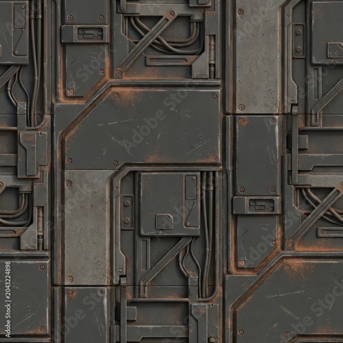 Detailed seamless sci-fi background featuring weathered metallic panels, intricate wiring, and heavy rust. Ideal for cyberpunk, industrial, and dystopian themes. Generative AI artwork.