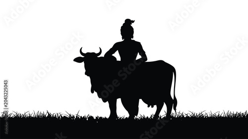 Fotografi Krishna and cow silhouette on grass background.