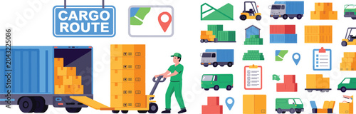 Logistics delivery courier loading boxes into cargo truck with pallet jack and transport icon set vector