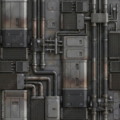 Detailed seamless texture of a complex sci-fi industrial metal wall with intricate pipes, vents, panels, and gauges. Ideal for backgrounds or futuristic designs.