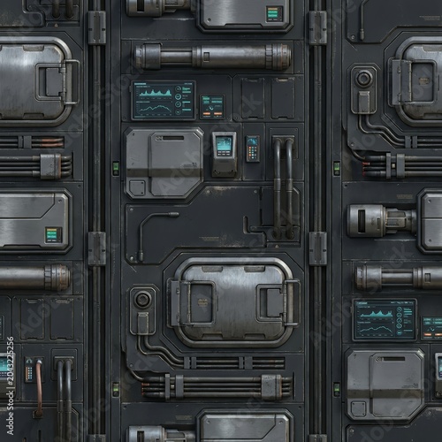 Seamless texture of a dark, futuristic sci-fi wall with intricate metal panels, glowing screens, wires, and industrial details. Perfect for tech, game, and 