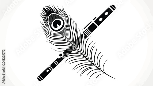 Krishna flute with peacock feather vector illustration on white background for festivals.
