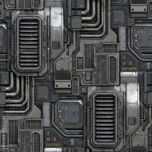Seamless sci-fi metal panel background. Intricate industrial texture with pipes, vents & mechanical details. Ideal for futuristic, cyberpunk, game, tech themes.