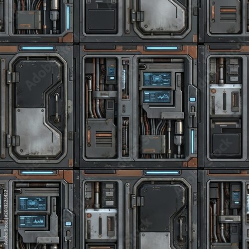 Seamless texture of intricate sci-fi industrial panels, featuring metallic details, wires, pipes, and screens with glowing blue interfaces. Ideal for high-tech, cyberpunk, and space themes.