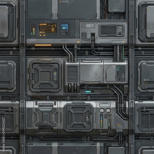 Seamless futuristic sci-fi wall panel texture. High-tech industrial background with wires, vents, screens, and intricate components, ideal for game assets or cyberpunk designs.