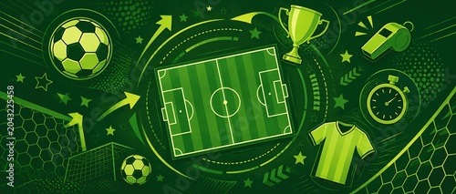 Vibrant Green Football Soccer Championship Banner with Trophy Ball and Sports Icons