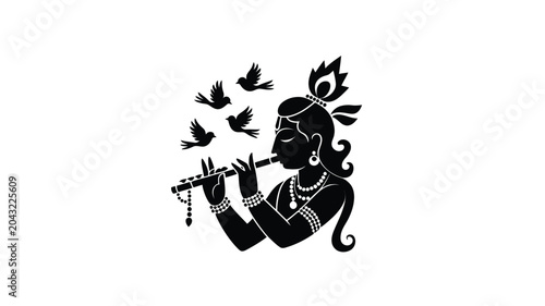 Canvas Print Lord krishna playing flute with flying birds silhouette vector design for creative art
