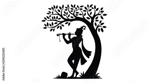 Fotografie Graceful silhouette of krishna standing under tree playing flute in traditional posture