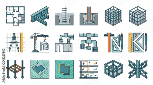 Cuadro en lienzo Architectural Building Plans and Structural Diagrams Collection.