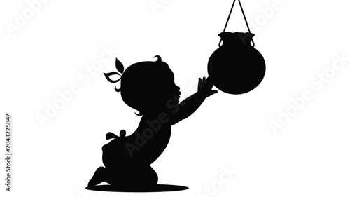 Baby reaching for pot hanging from string vector silhouette.