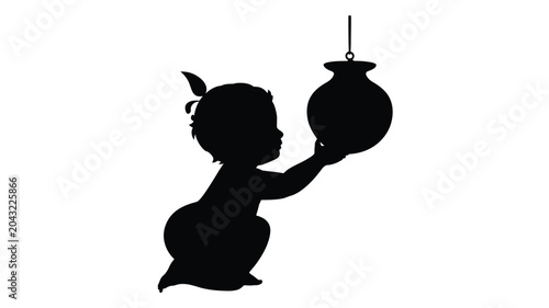 Baby holding pot from string vector illustration silhouette.