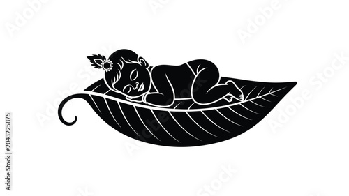 Baby sleeping on leaf with peacock feather vector illustration.