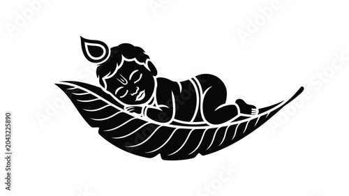 Fotografía Little hindu deity lord krishna resting peacefully on a large green leaf silhouette art
