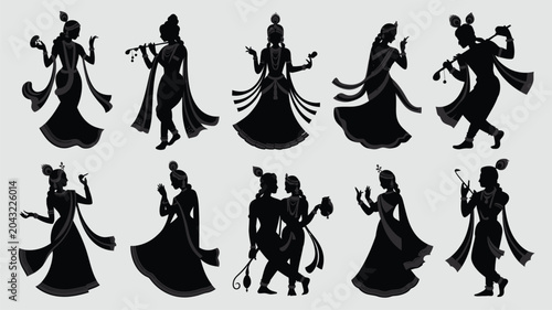 Tablou pe pânză Krishna and gopi silhouettes with intricate details and traditional jewelry ornamentation