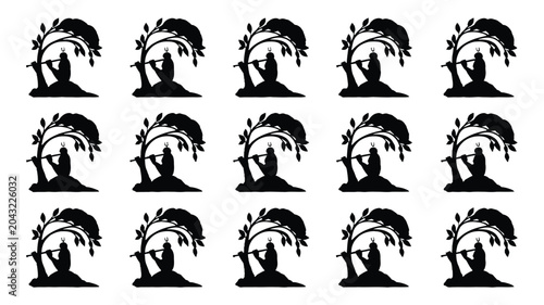 Krishna sitting under banyan tree playing flute silhouette repeat pattern for backgrounds.