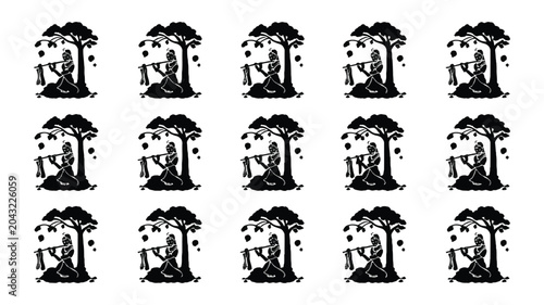 Intricate krishna silhouettes playing flute under leafy tree set in minimalist grid style.