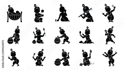 Baby krishna silhouettes in different playful activities and poses for festive decoration.