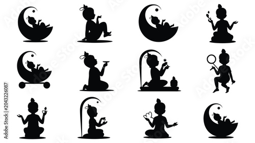 Baby krishna silhouette set illustration lord bal gopal black simple drawing vector graphic.