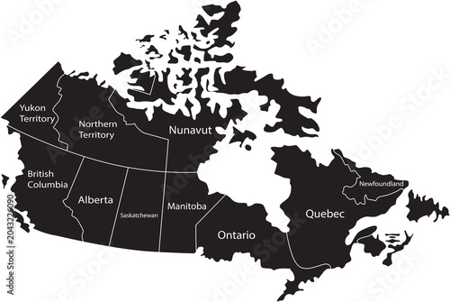 Black silhouette map of canada with province names isolated on transparent background