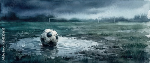 Soccer Ball in Rainy Puddle on Muddy Football Field Dramatic Stormy Atmosphere