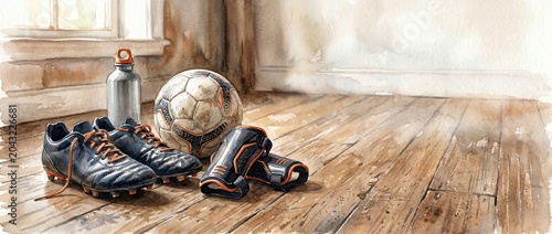 Soccer Equipment Still Life with Football Boots and Ball on Rustic Wooden Floor