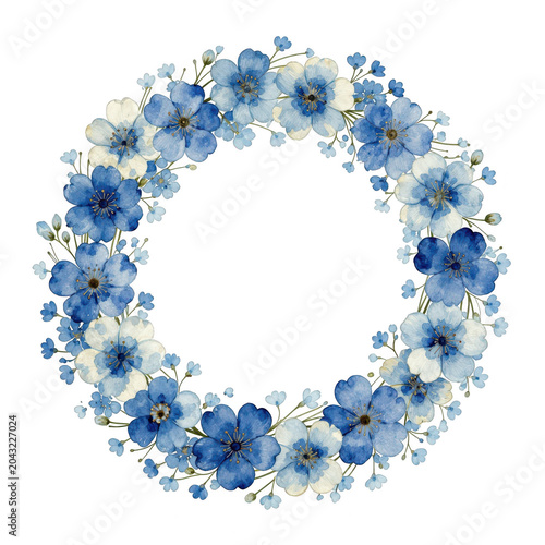 Blue Forget-Me-Not Floral Wreath Watercolor Illustration