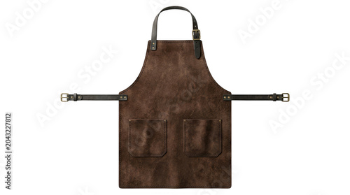 Dark brown leather apron with adjustable straps and tool pockets displayed on a neutral background.