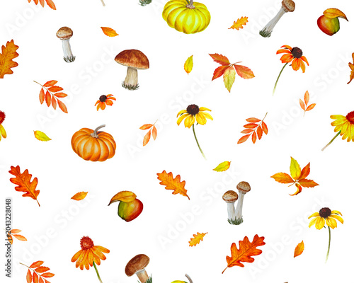 watercolor autumn seamless pattern set
with pumpkins and mushrooms