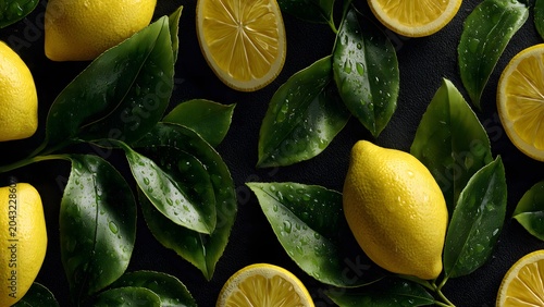 Bright Fresh Lemons with Dark Green Leaves on Black Background