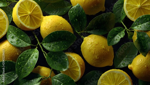Fresh Yellow Lemons with Green Leaves Freshly Washed on Dark Surface