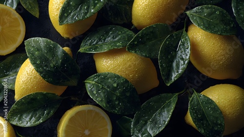 Fresh Yellow Lemons with Green Leaves on Dark Surface