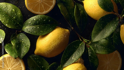 Bright Lemons with Glossy Leaves on Dark Surface