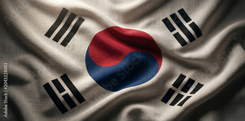 Close up of the national flag of South Korea with realistic fabric texture and dramatic lighting.