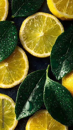 Fresh Lemon Slices and Green Leaves Water Droplets Closeup