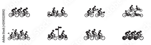 Cycling activities and bicycle types icon set. People riding tandem, recumbent bike, family with trailer, bike touring, road racing, group of cyclists. Vector illustration.