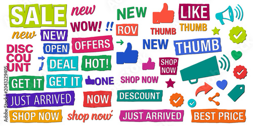 Foto Colorful magazine cutout vector set of commercial sale words and social media ic