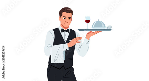 Professional male waiter holding serving tray with cloche and wine glass in flat vector style
