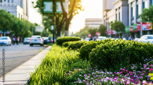 median. Urban boulevard with a lush green median strip planted with shrubs and flowers. gardening catalogs, home-decor guides, designed for gardening and botanical catalogs, used by teachers.